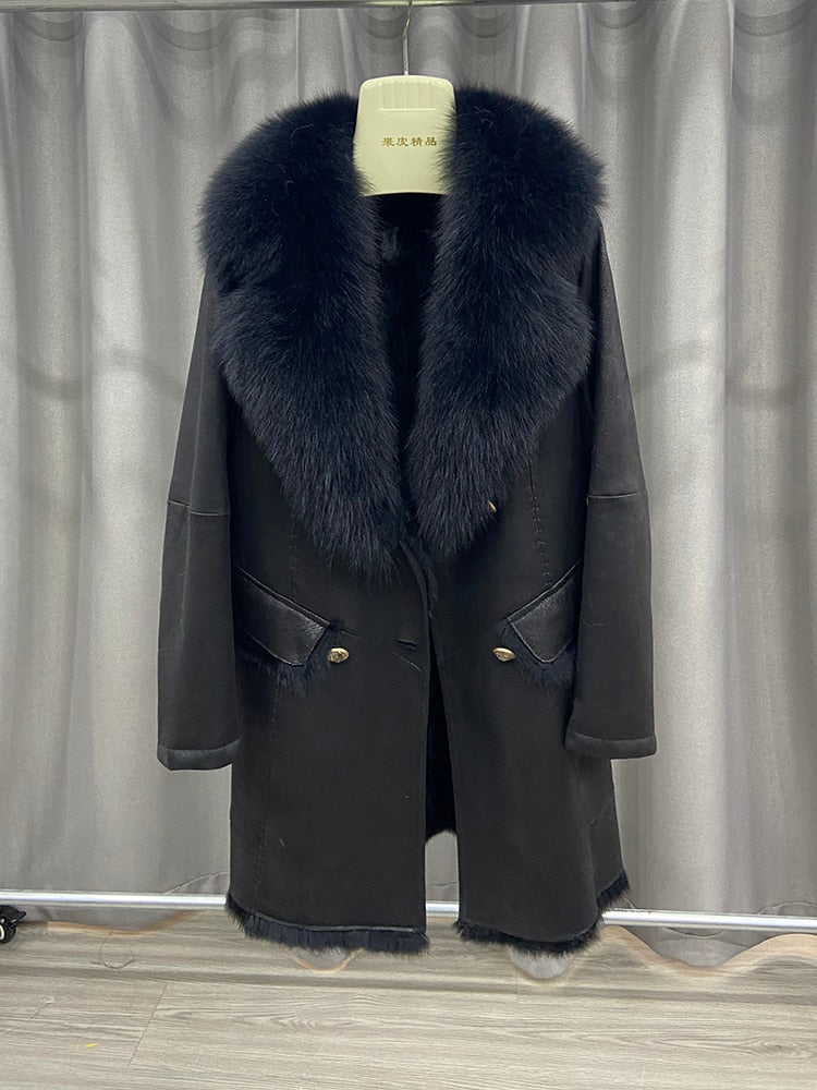 Genuine Leather Long Coats Big Fur Collar & Liner