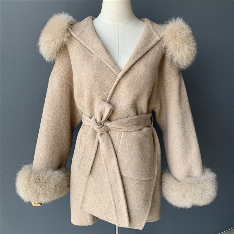 Cashmere Pea Coats Real Fur Hoodie & Cuffs