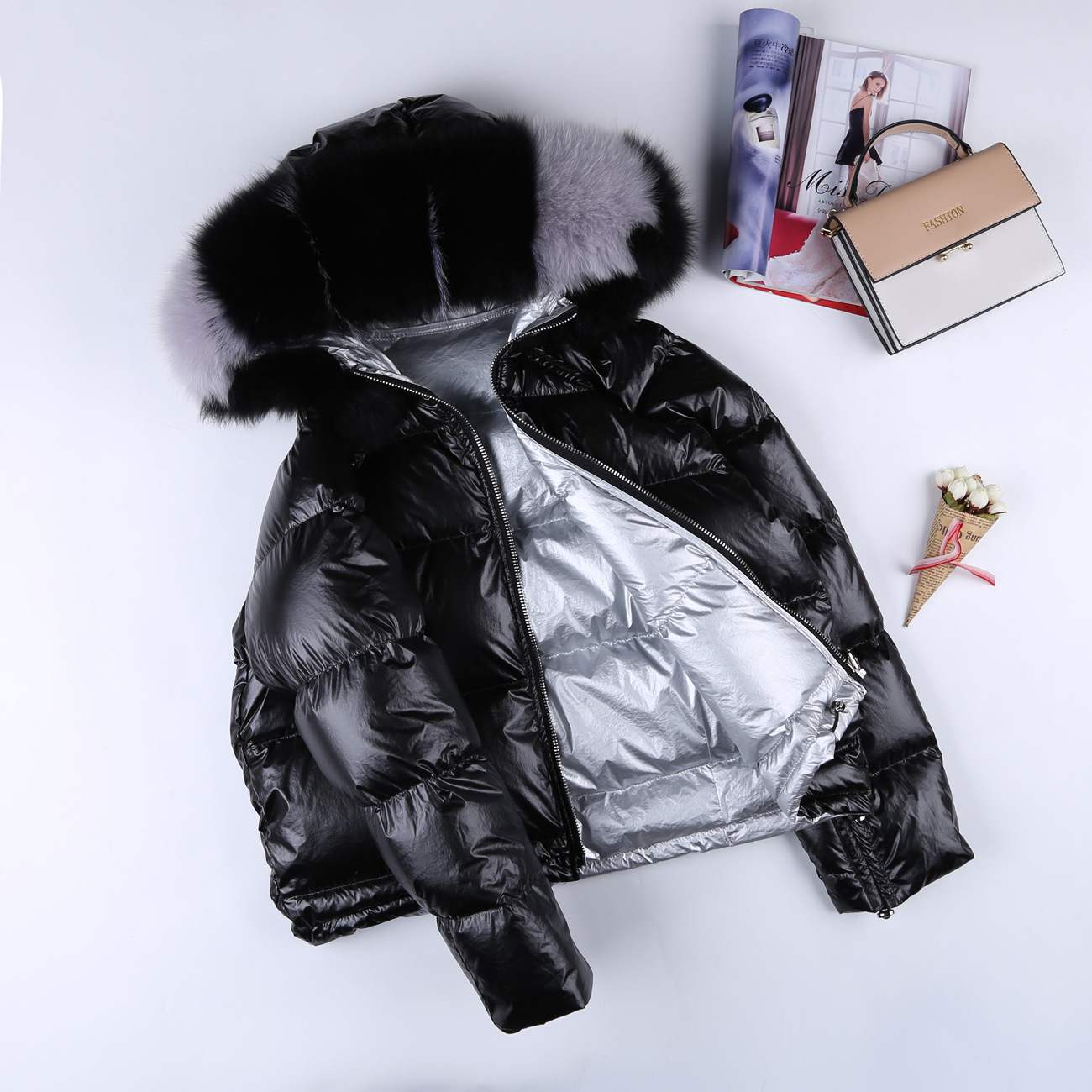 Metallic Real Fox Fur Parka Reversible Puff Jackets (Multi-Colors)