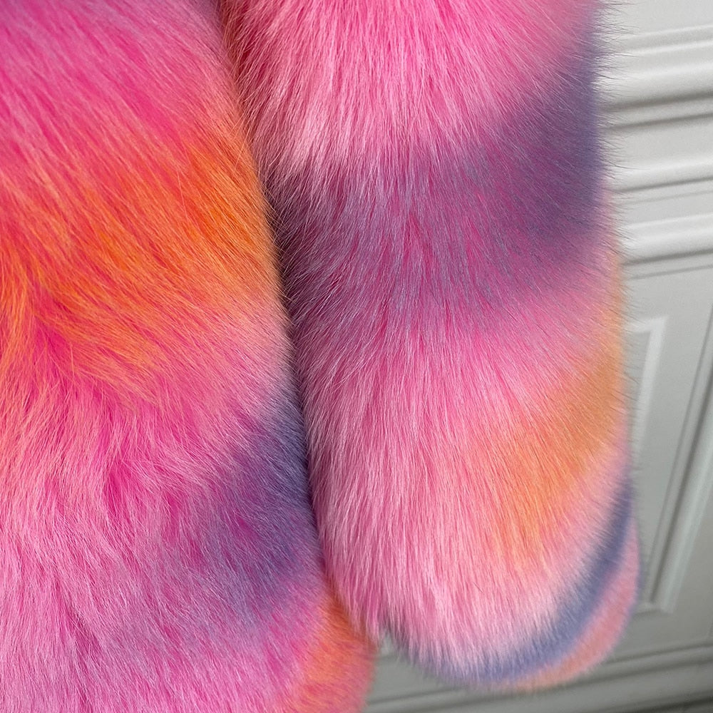 Pink Real Fox Fur Turn-Down Collar Bomber