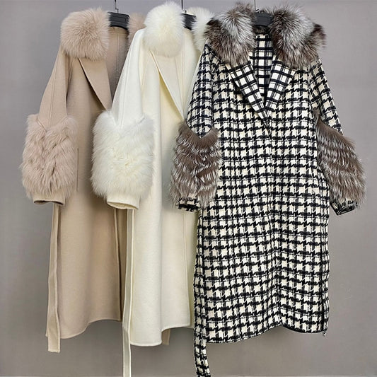 Plush Cashmere Long Coats Real Knitted Fur Collar & Long Cuffs