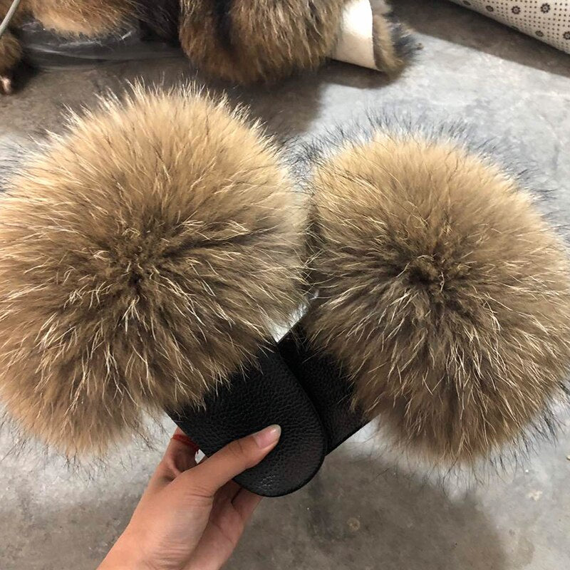 Real Fur Slides Sandals Slippers Flip Flops