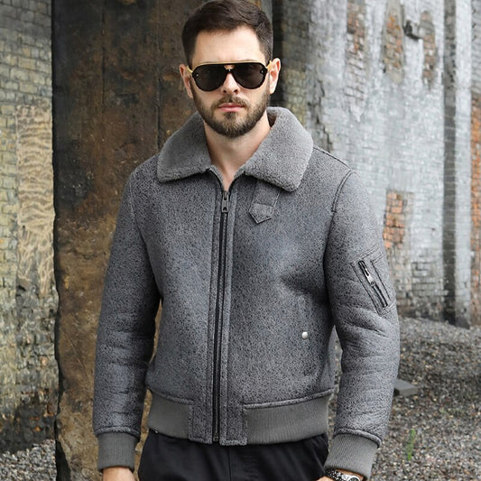 Grey Genuine Leather Real Shearling Fur Short Coat
