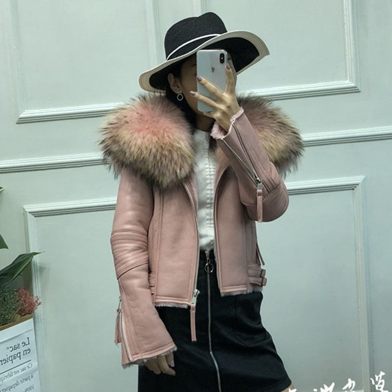 Genuine Leather Moto Jackets Big Fur Collar Wool Liner