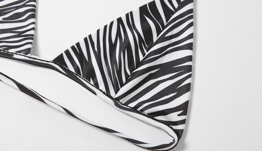Zebra Print Sleeveless Backless Halter Top Crop Two Piece Set