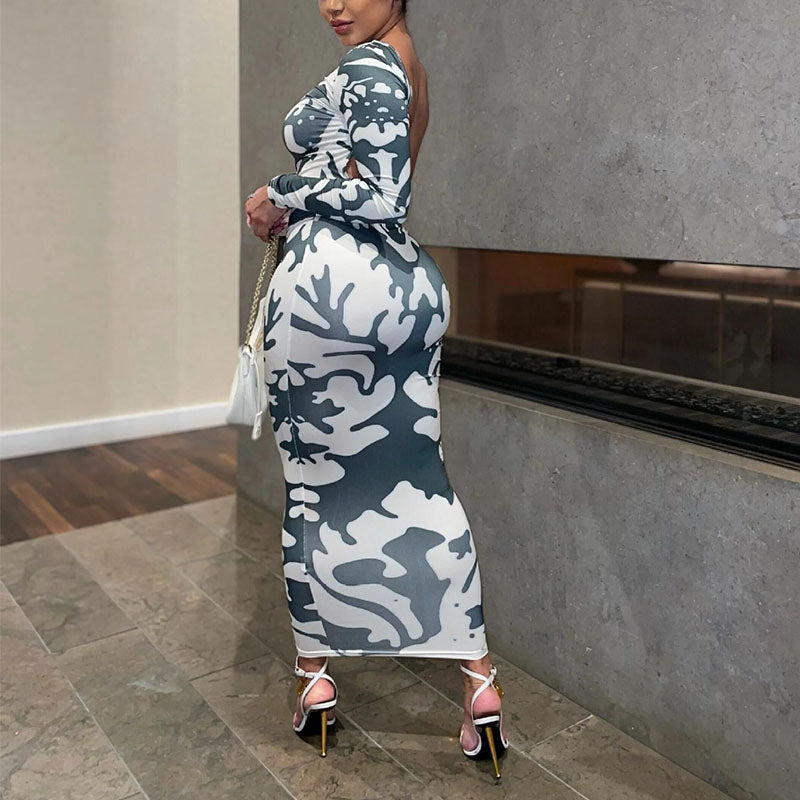 Leaf Print Long Sleeve O Neck Maxi Dress