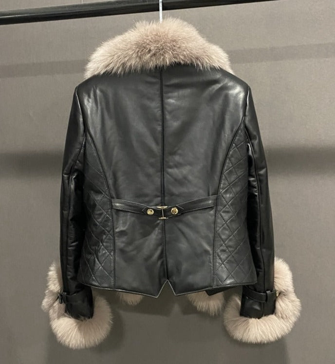 Genuine Leather Jacket Fur Collar & Cuffs