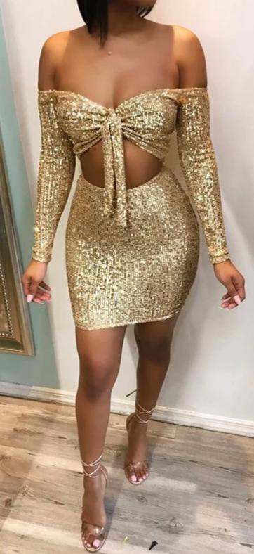 Gold Sequin Bow Off Shoulder Long Sleeve Crop and Mini Skirt