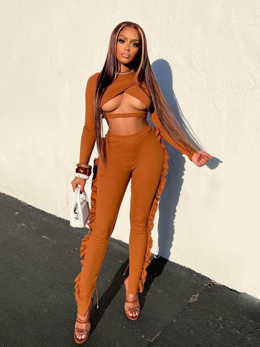 Long Sleeve Crop & Side Ruffle Pants