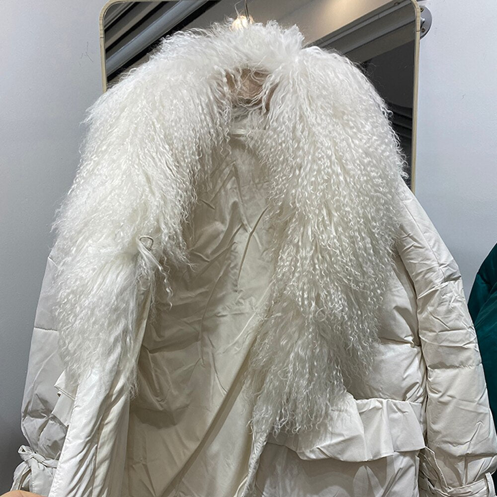 White Duck Down Puffer Coats Real Long Curl Shearling Fur Collar