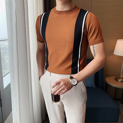 Color Bar Knitted Short Sleeve Shirts
