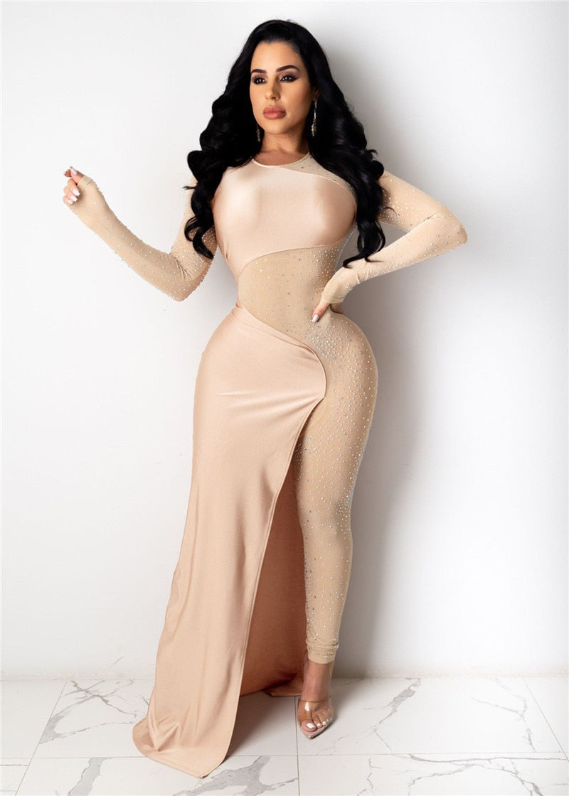 Studded Mesh Long Sleeve Jumpsuit Dresses