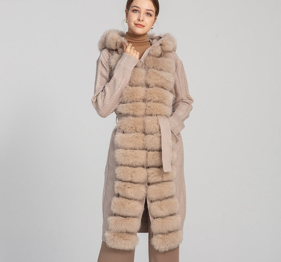 Long Slim Cardigan Sweater Hooded Real Fox Fur Detachable