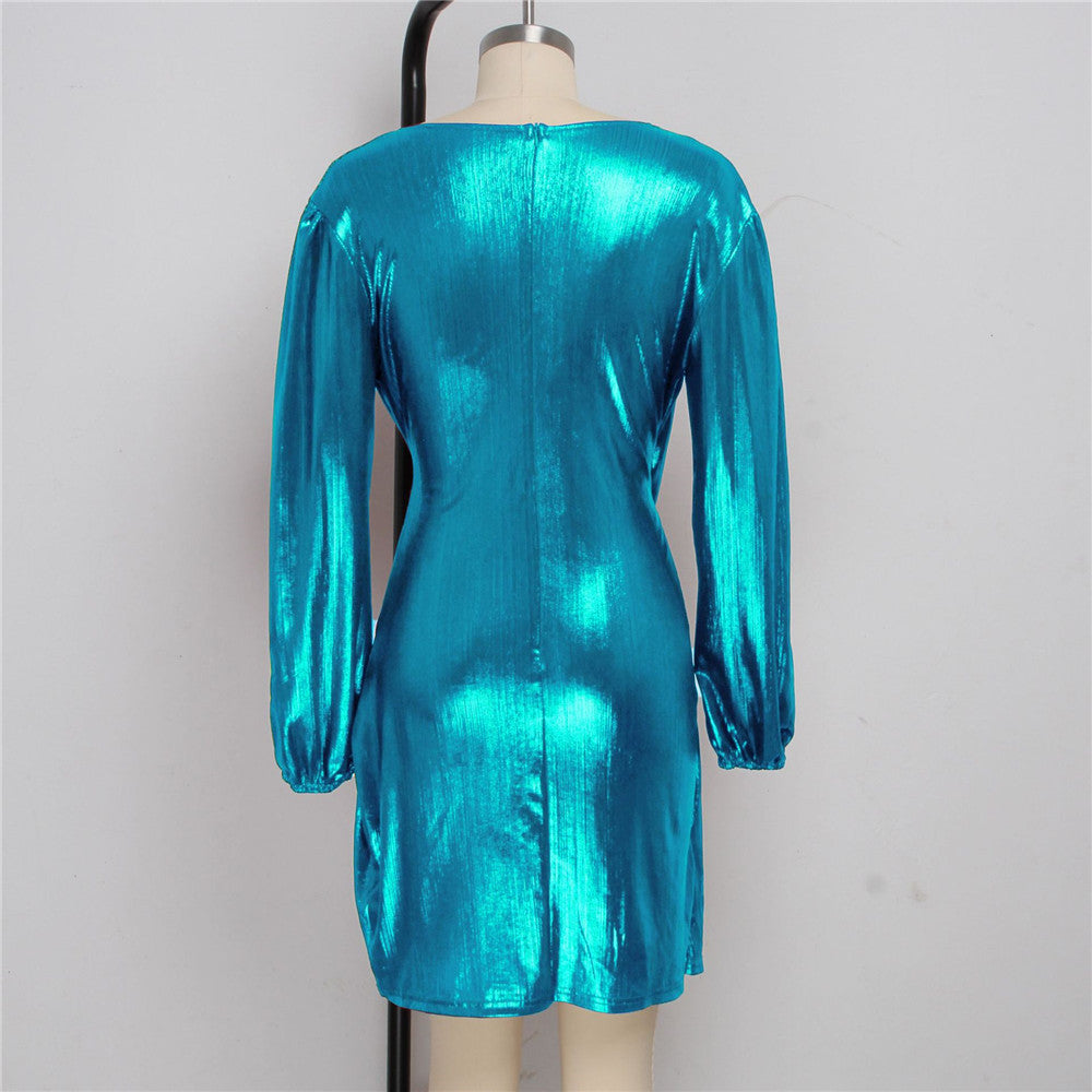 Glitter Metallic V-Neck Wrap Mini Dresses