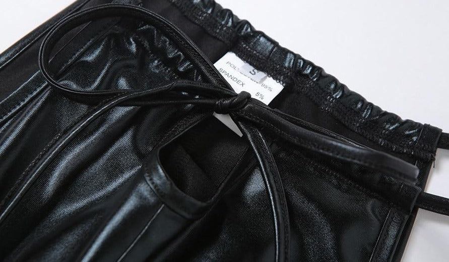Pu Leather Lace Up Halter Bra + Mid Waist Hollow Hip Pants Set
