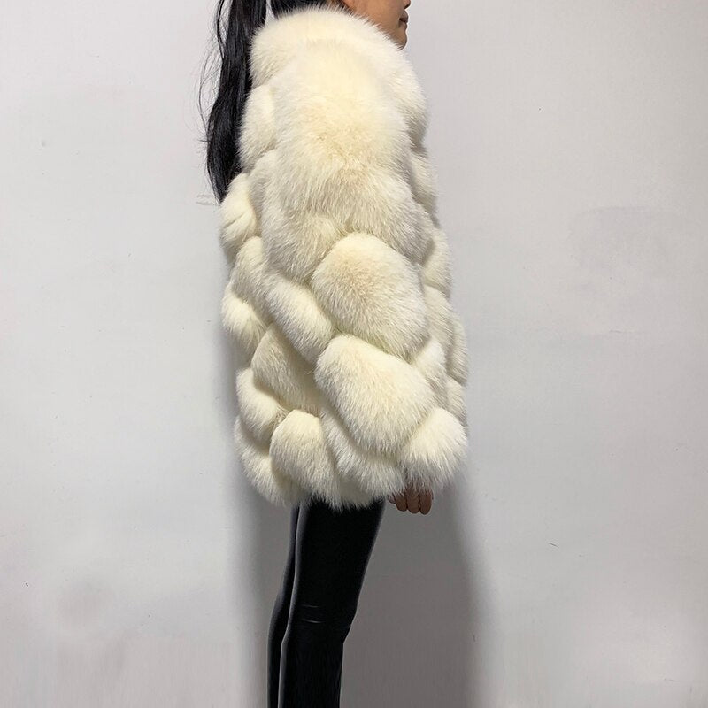 Pattern Turn Down Collar Real Fox Fur Coats