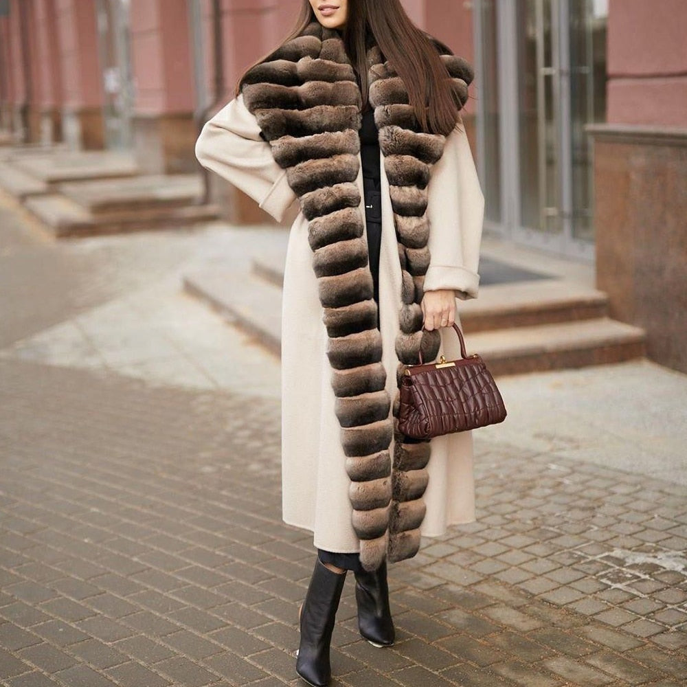 Genuine Double Row Fur Slim Long Wool Coats