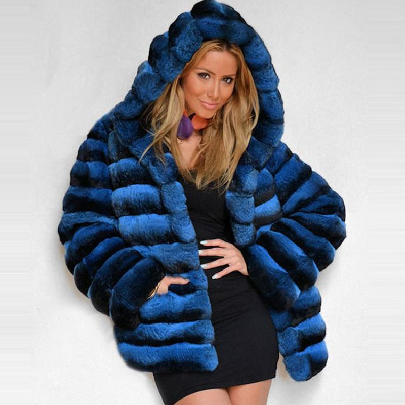 Blue Real Rabbit Fur Hooded Coats
