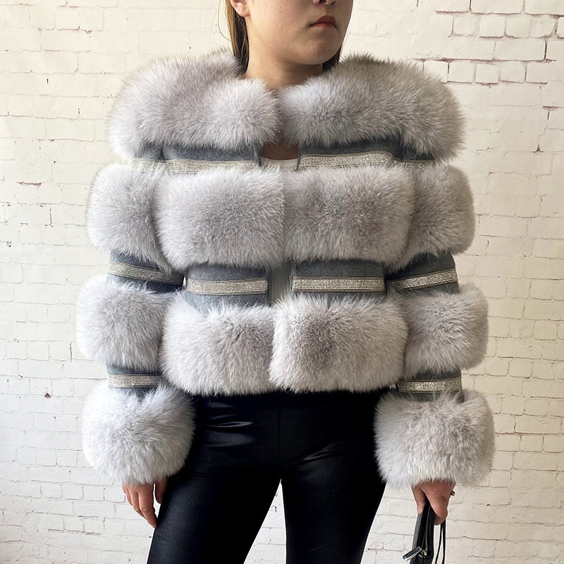 Real Fox Fur Crystal Diamond Jackets