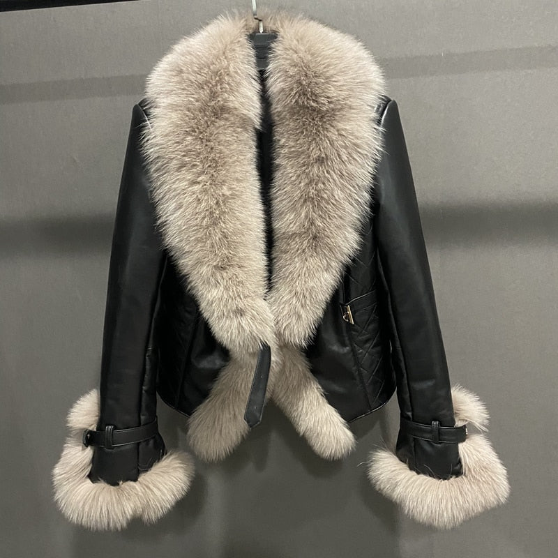 Genuine Leather Jacket Fur Collar & Cuffs