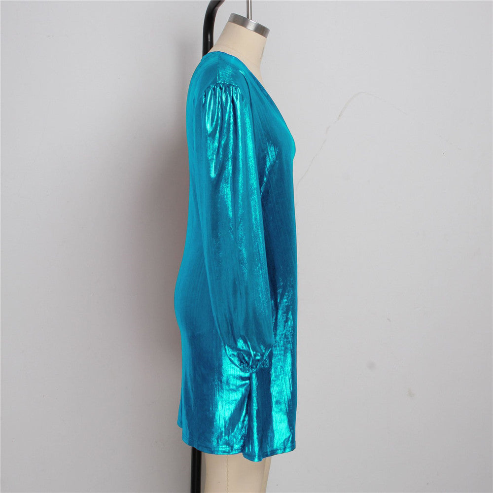 Glitter Metallic V-Neck Wrap Mini Dresses