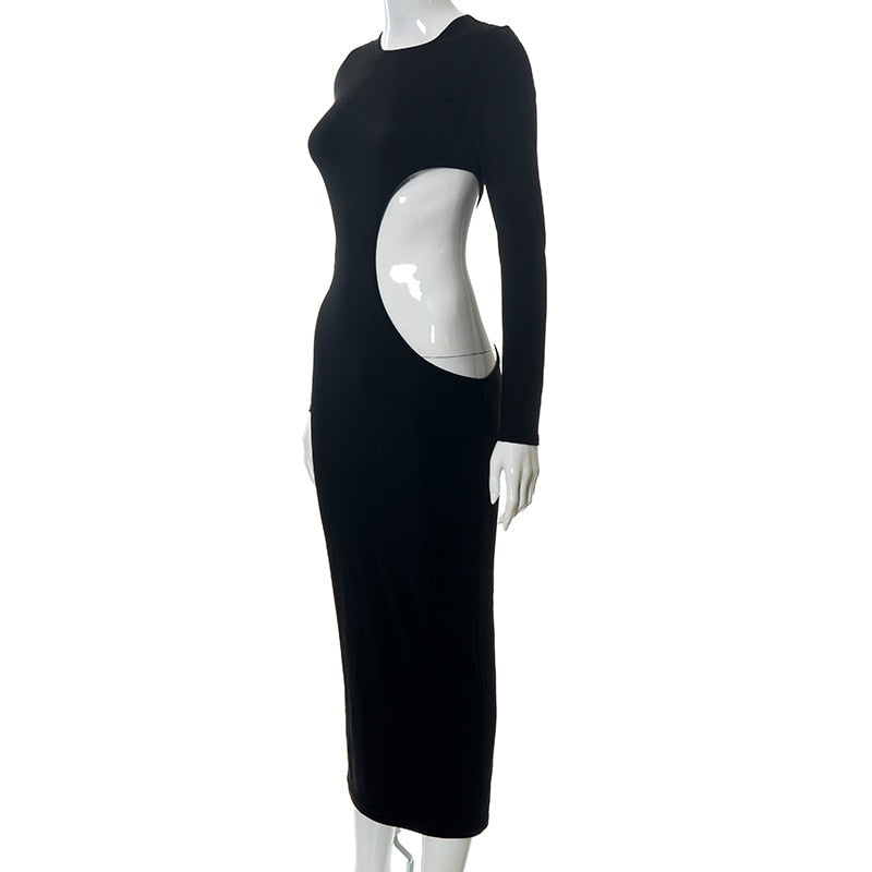 Black One Side Cut Long Sleeve Maxi Dress