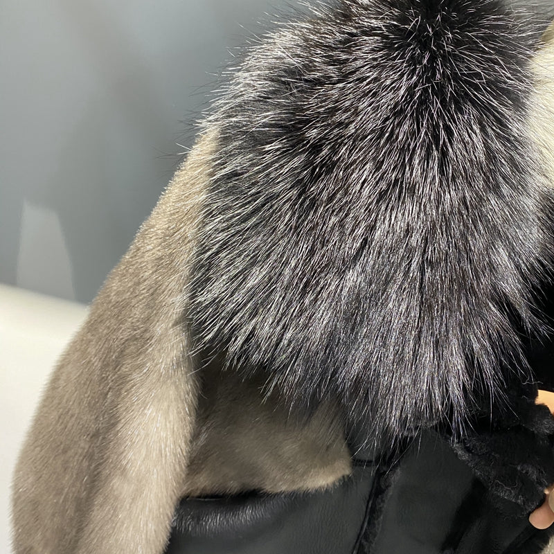 Genuine Leather Mink Batwing Fox Collar Jackets