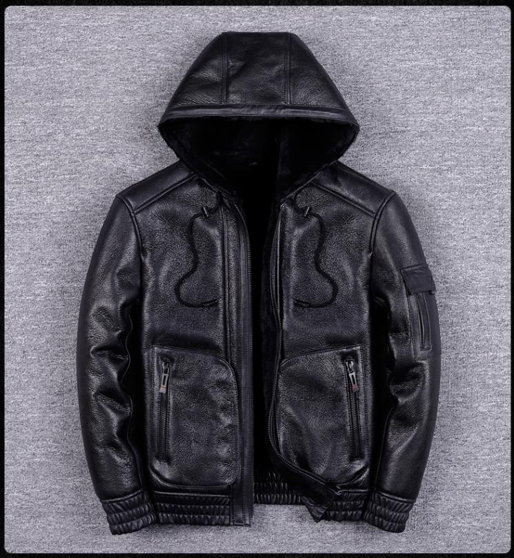 Genuine Leather Jackets Shearling Lining Hoodie