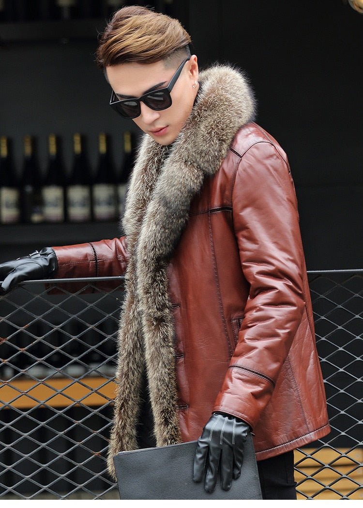 Burgundy Brown Genuine Leather Fox Fur Collar Coat
