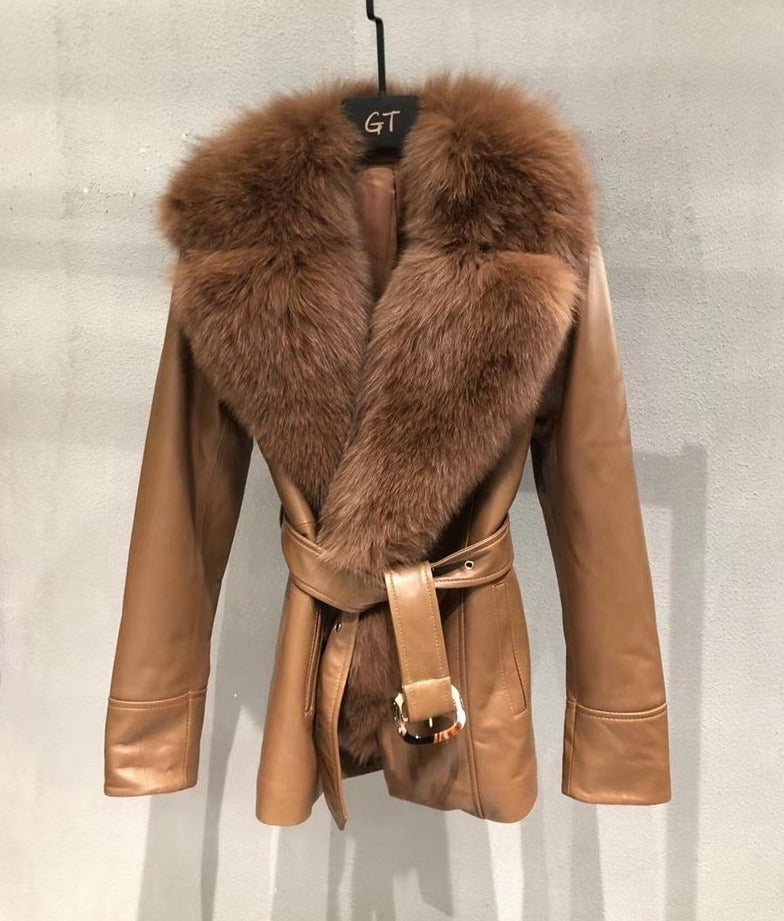 Genuine Leather Real Fox Fur Collar Reto Coats