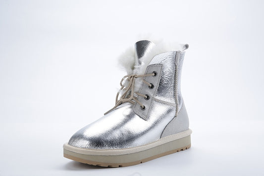 Genuine Leather Natural Wool Fur Lined Waterproof Ankle Boots