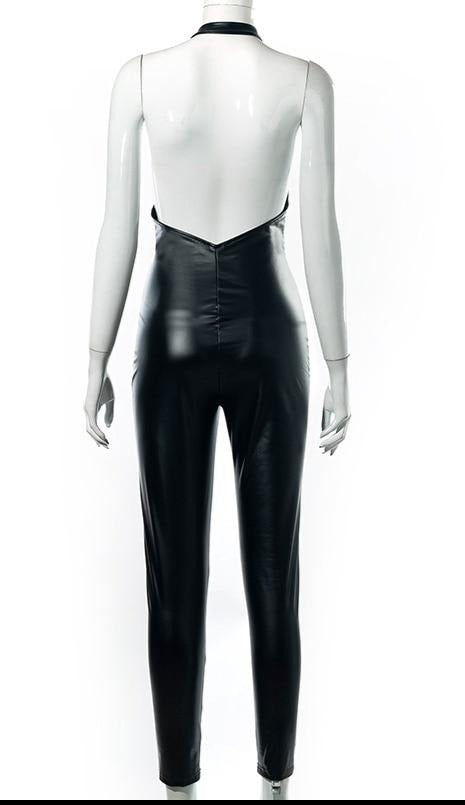 Black Pu Leather Halter Sleeveless Deep V Zipper Jumpsuit