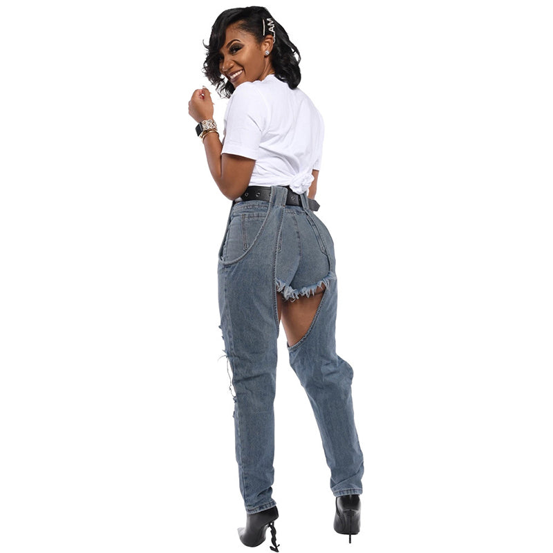 High Waist Hollow Out Spliced Ripped Jeans