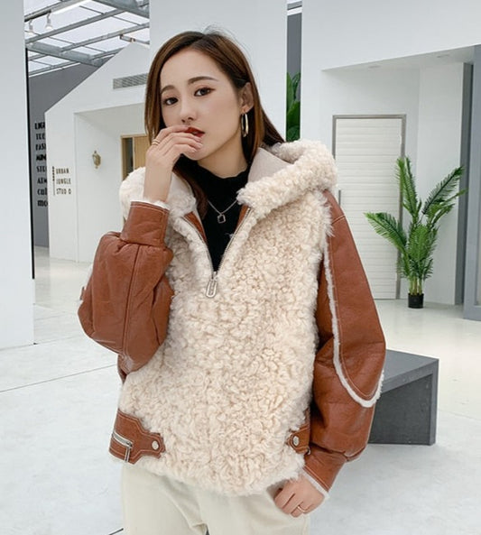 Genuine Leather Jacket Shearling Hoodie