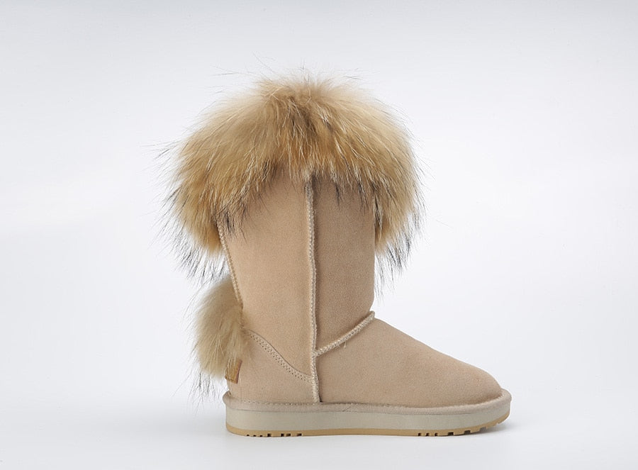 Genuine Leather Suede Natural Fox Fur Half Top Snow Boots