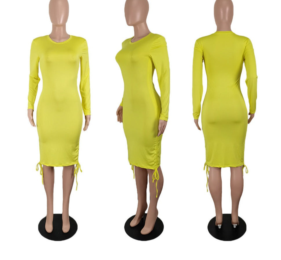 Solid Shirring Stretchy Bodycon Midi Dresses