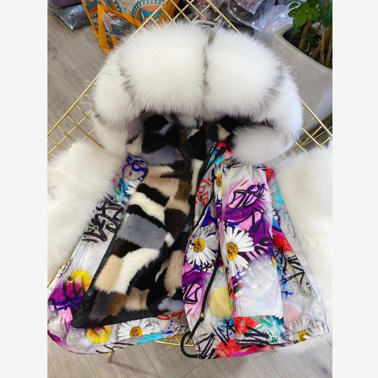 Mink Liner Fox Fur Parkas Printed Overcoats For Boys Girls