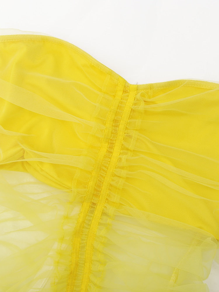 Yellow Off the Shoulder Frill Long Sleeve Mesh Mini Dress
