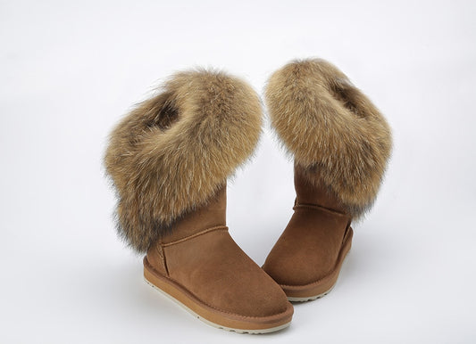 Genuine Leather Suede Natural Fox Fur Half Top Snow Boots