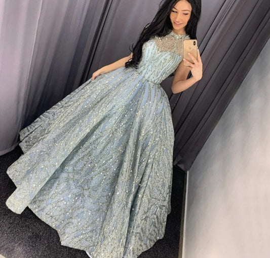 High Collar Short Sleeve Lace Sequin Evening Gowns