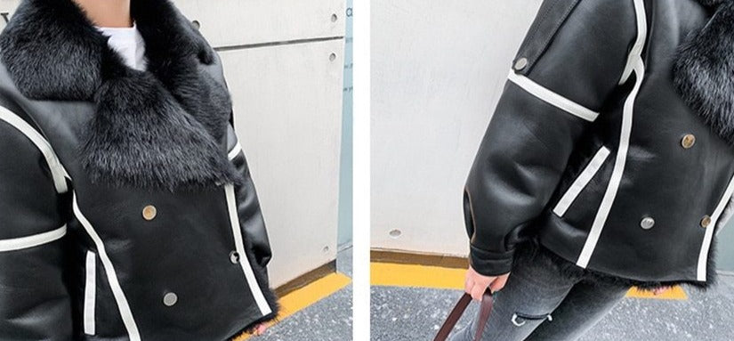 Black Genuine Leather Shearling turn-down collar Coat