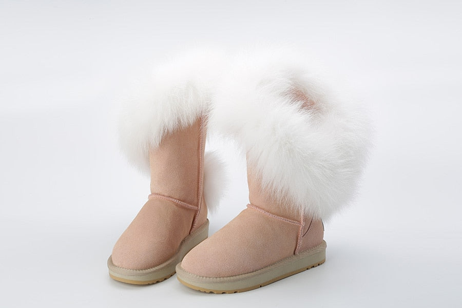 Genuine Leather Suede Natural Fox Fur Half Top Snow Boots