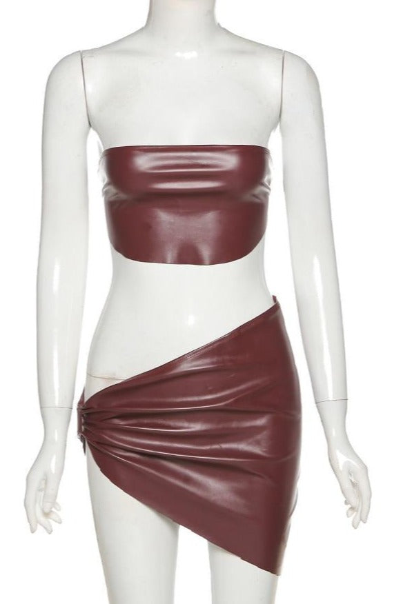 PU Leather Crop Top Asymmetrical Mini Skirt Sets