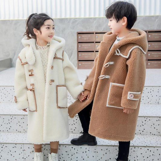 Genuine Shearing Hooded Kids Wool Overcoats