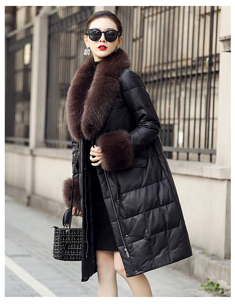 Genuine Leather Long Coat Duck Down Fur Collar