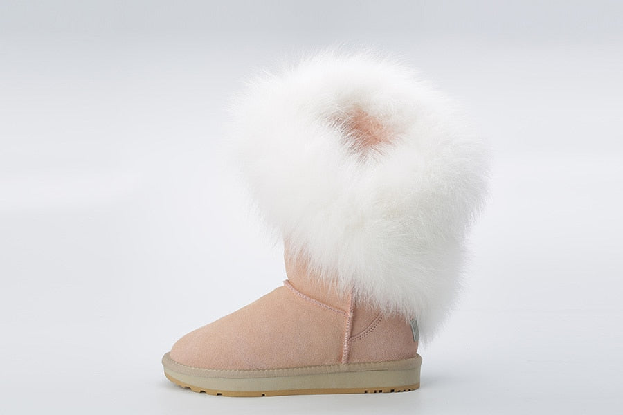 Genuine Leather Suede Natural Fox Fur Half Top Snow Boots