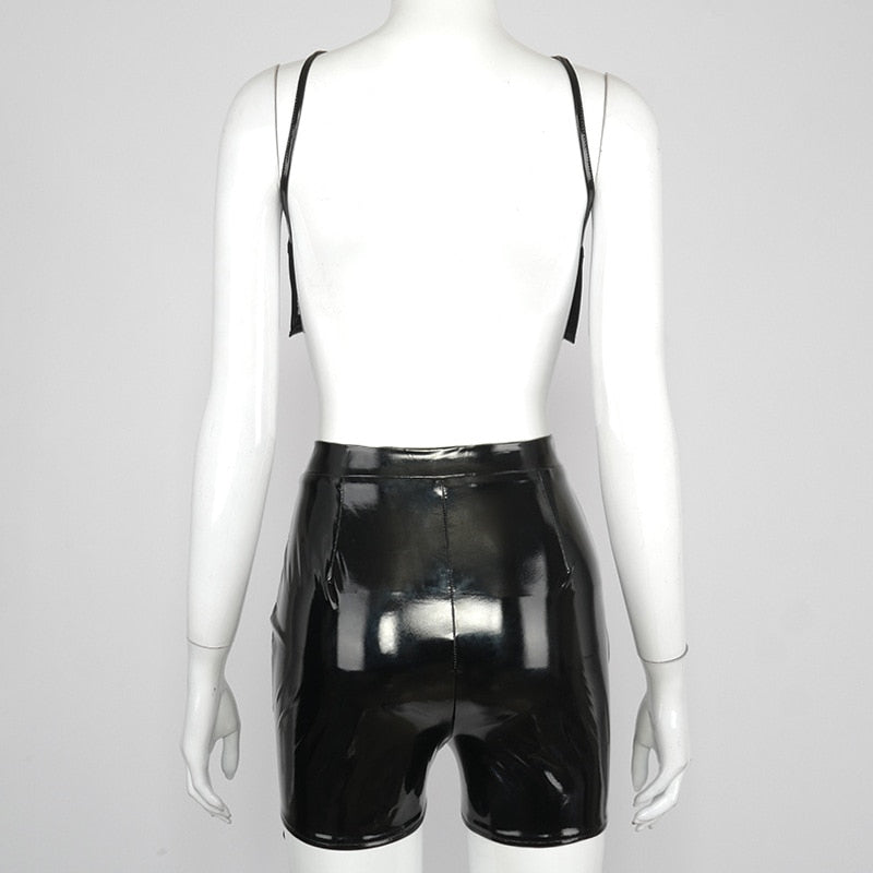 Black PU Leather Open Back Crop & Shorts Set