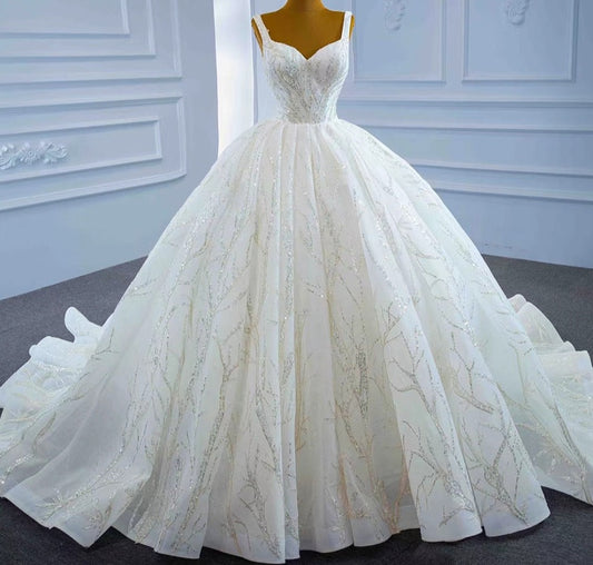 Luxury White Sparkle Sleeveless Lace Up Wedding Dress