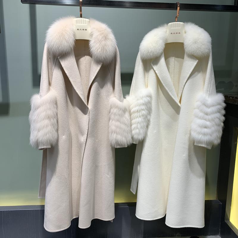 Plush Cashmere Long Coats Real Knitted Fur Collar & Long Cuffs