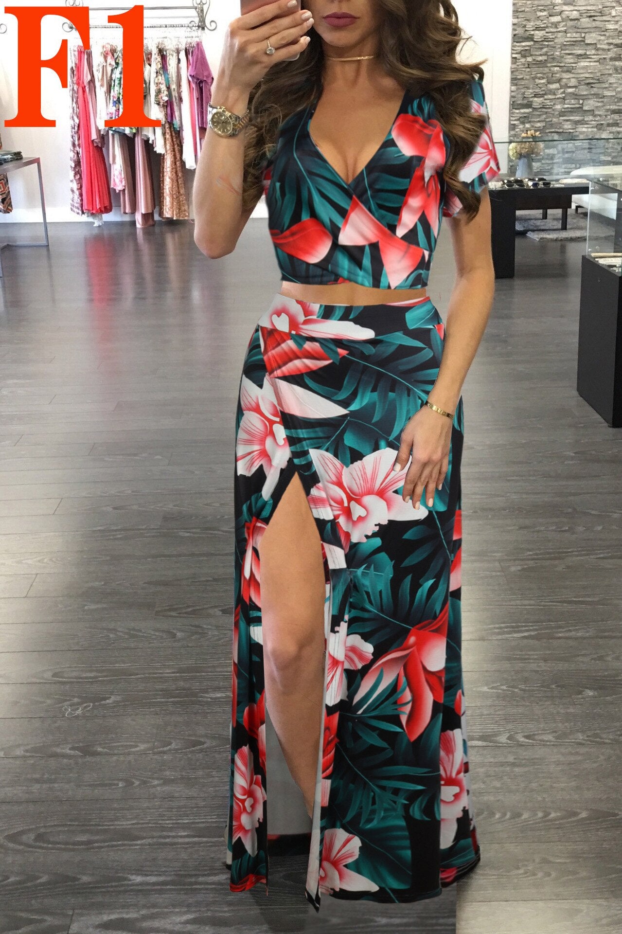 Floral Print Crop Top & Split Long Skirts